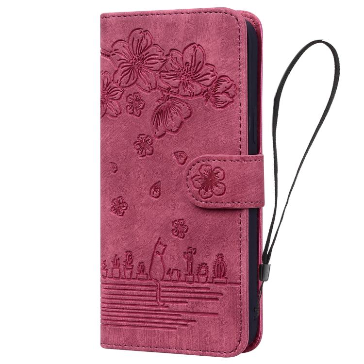 For iPhone 17 Pro Cartoon Sakura Cat Embossed Leather Phone Case