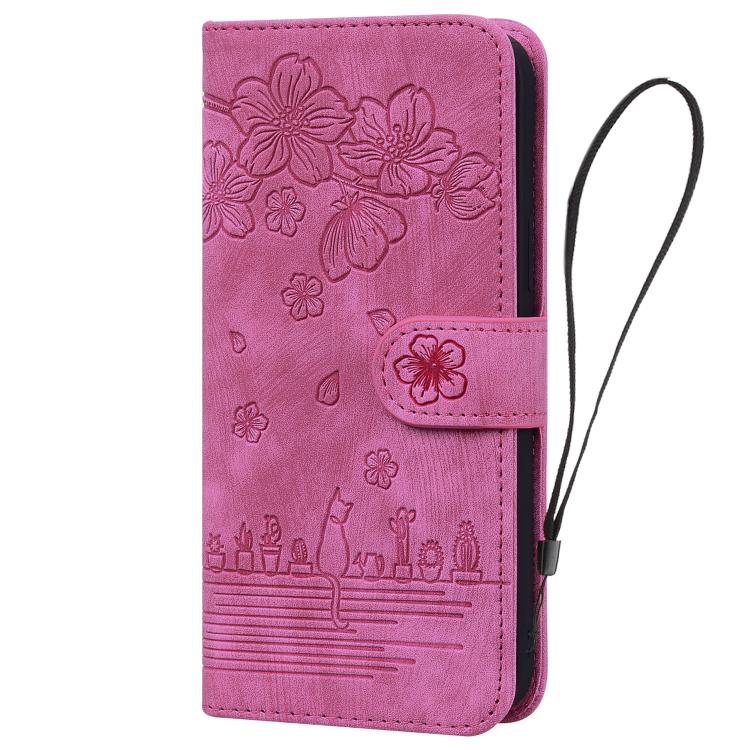 For iPhone 17 Pro Max Cartoon Sakura Cat Embossed Leather Phone Case