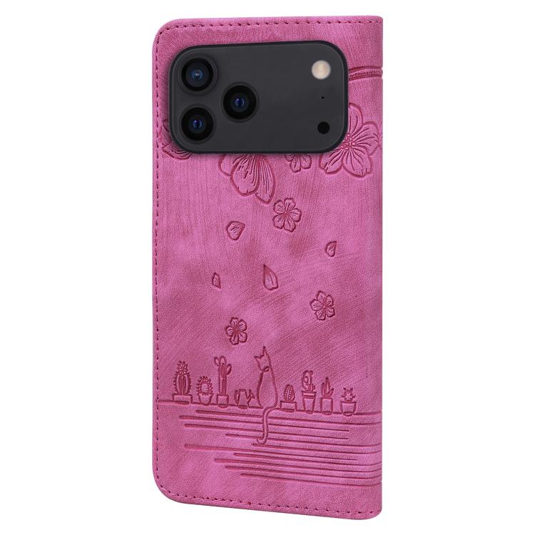 For iPhone 17 Pro Max Cartoon Sakura Cat Embossed Leather Phone Case