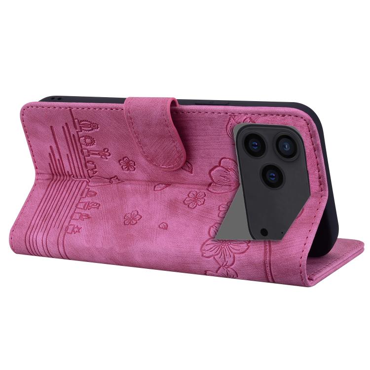 For iPhone 17 Pro Max Cartoon Sakura Cat Embossed Leather Phone Case