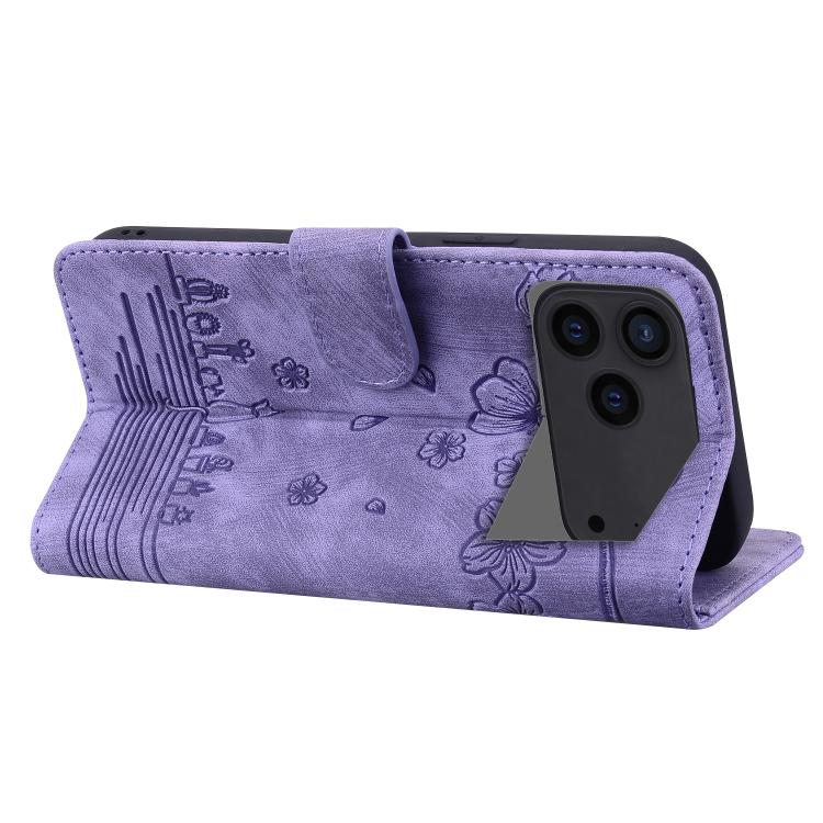 For iPhone 17 Pro Max Cartoon Sakura Cat Embossed Leather Phone Case