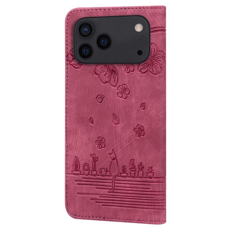 For iPhone 17 Pro Max Cartoon Sakura Cat Embossed Leather Phone Case