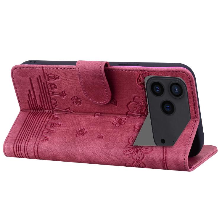 For iPhone 17 Pro Max Cartoon Sakura Cat Embossed Leather Phone Case