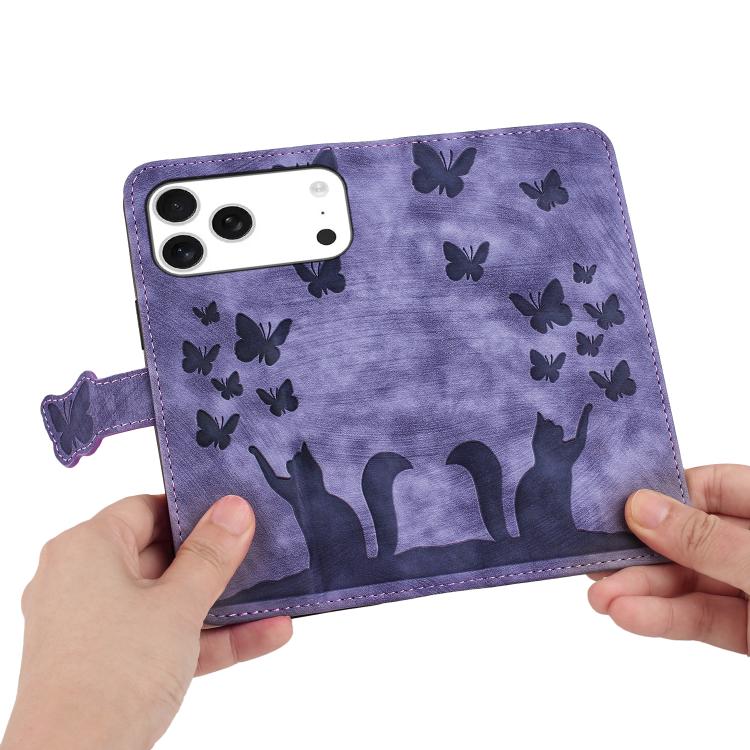 For iPhone 17 Pro Butterfly Cat Embossing Flip Leather Phone Case