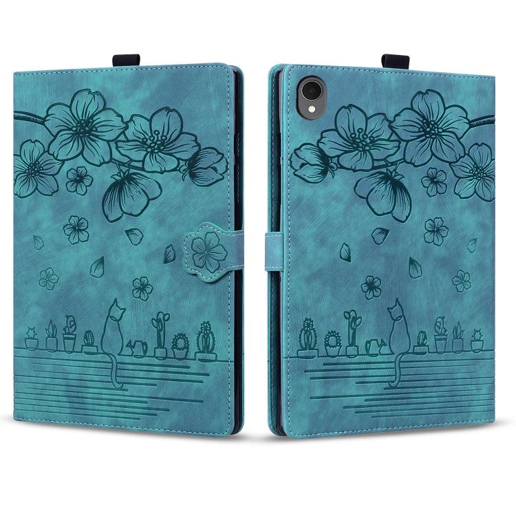 For Samsung Galaxy Tab S11 Cartoon Sakura Cat Embossed Smart Leather Tablet Case