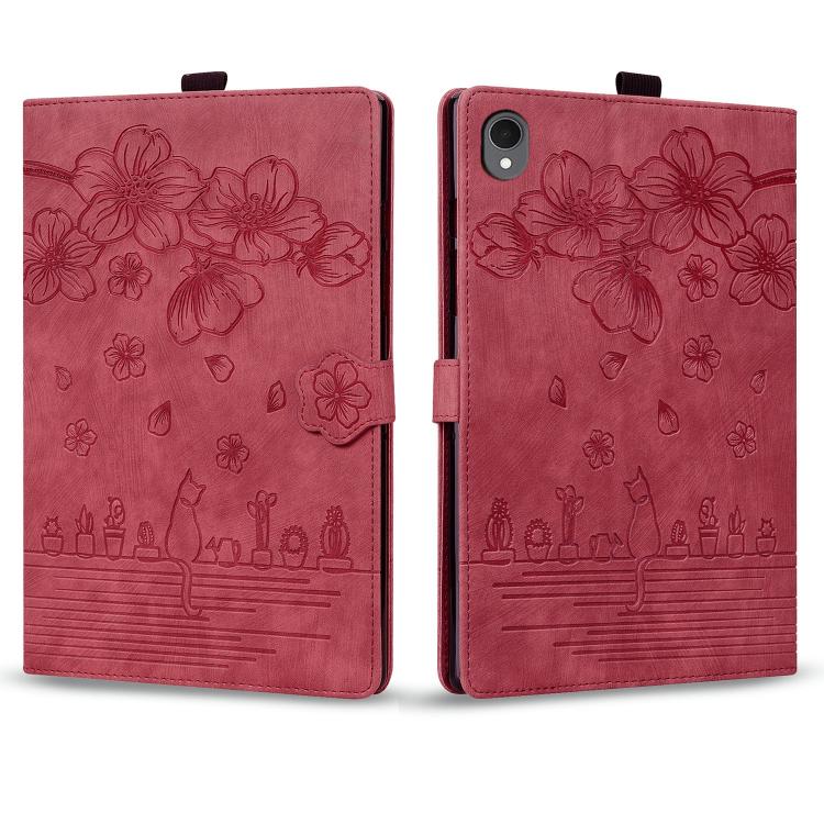For Samsung Galaxy Tab S11 Cartoon Sakura Cat Embossed Smart Leather Tablet Case