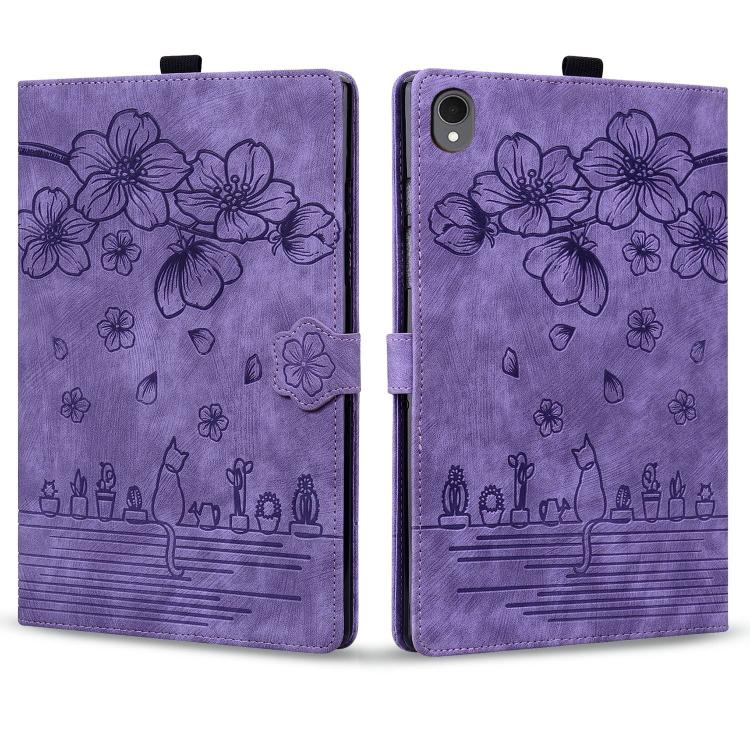 For Samsung Galaxy Tab S11 Cartoon Sakura Cat Embossed Smart Leather Tablet Case