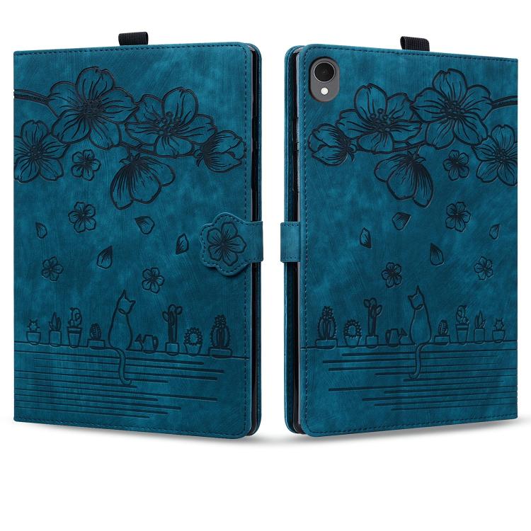 For Samsung Galaxy Tab S11 Cartoon Sakura Cat Embossed Smart Leather Tablet Case