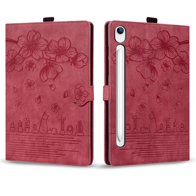 For Samsung Galaxy Tab S10 Lite / S10 FE Cartoon Sakura Cat Embossed Smart Leather Tablet Case