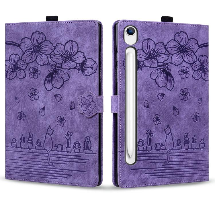 For Samsung Galaxy Tab S10 Lite / S10 FE Cartoon Sakura Cat Embossed Smart Leather Tablet Case
