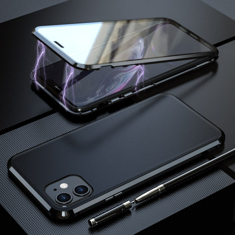 For iPhone 11 Shockproof Magnetic Attraction Leather Backboard + Tempered Glass Protective Case