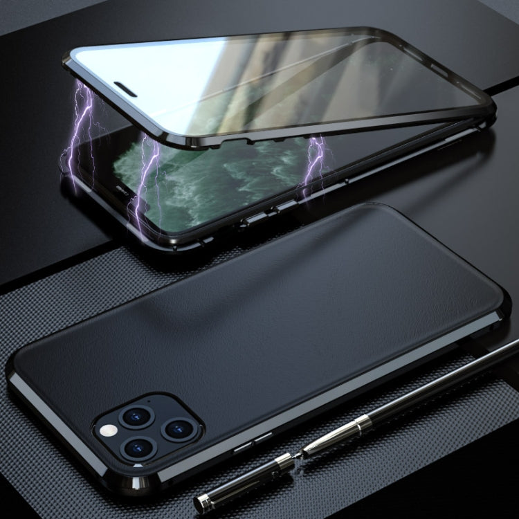 For iPhone 11 Pro Max Shockproof Magnetic Attraction Leather Backboard + Tempered Glass Protective Case