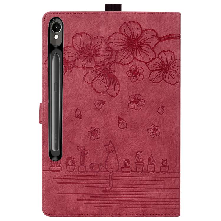 For Samsung Galaxy Tab S10 FE+ Cartoon Sakura Cat Embossed Leather Tablet Case