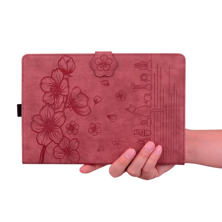 For Samsung Galaxy Tab S10 FE+ Cartoon Sakura Cat Embossed Leather Tablet Case