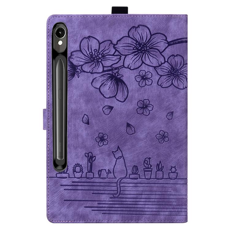For Samsung Galaxy Tab S10 FE+ Cartoon Sakura Cat Embossed Leather Tablet Case