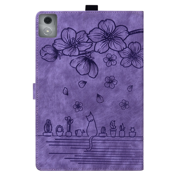 For Lenovo Tab K11 Plus / M11 Plus Cartoon Sakura Cat Embossed Leather Tablet Case