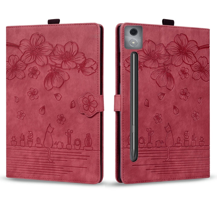 For Lenovo Xiaoxin Pad Pro 12.7 2025 Cartoon Sakura Cat Embossed Leather Tablet Case