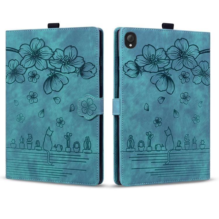 For Lenovo Tab K10C / E10C Cartoon Sakura Cat Embossed Leather Tablet Case
