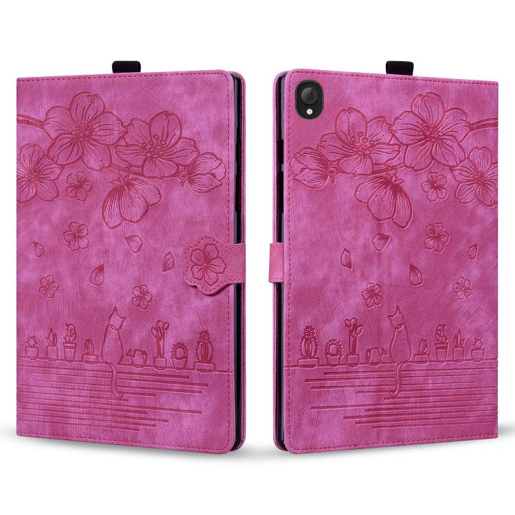 For Lenovo Tab K10C / E10C Cartoon Sakura Cat Embossed Leather Tablet Case