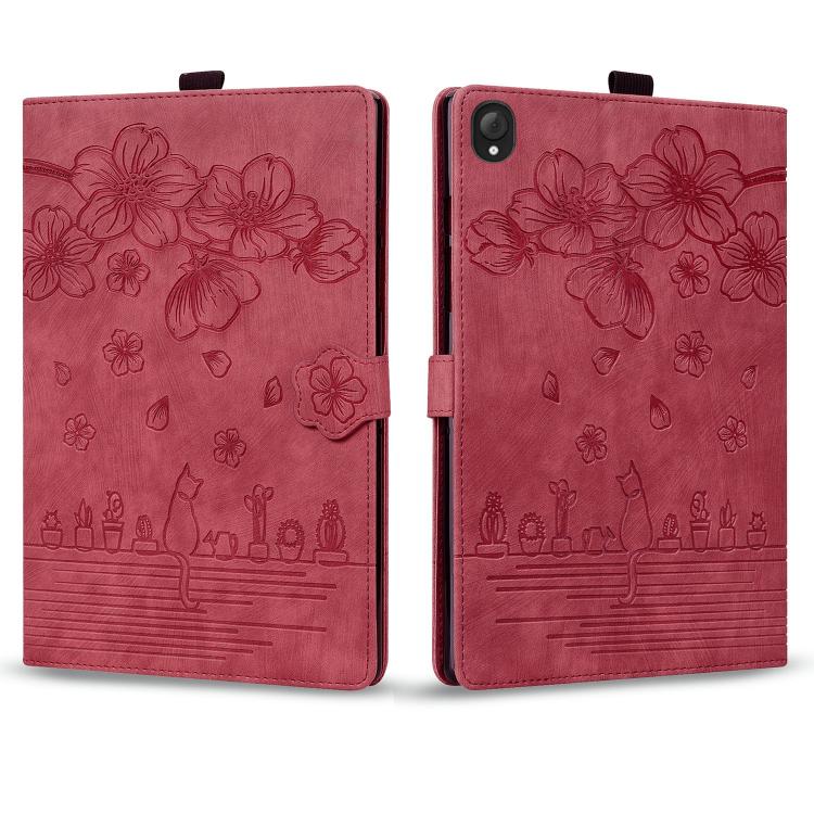 For Lenovo Tab K10C / E10C Cartoon Sakura Cat Embossed Leather Tablet Case