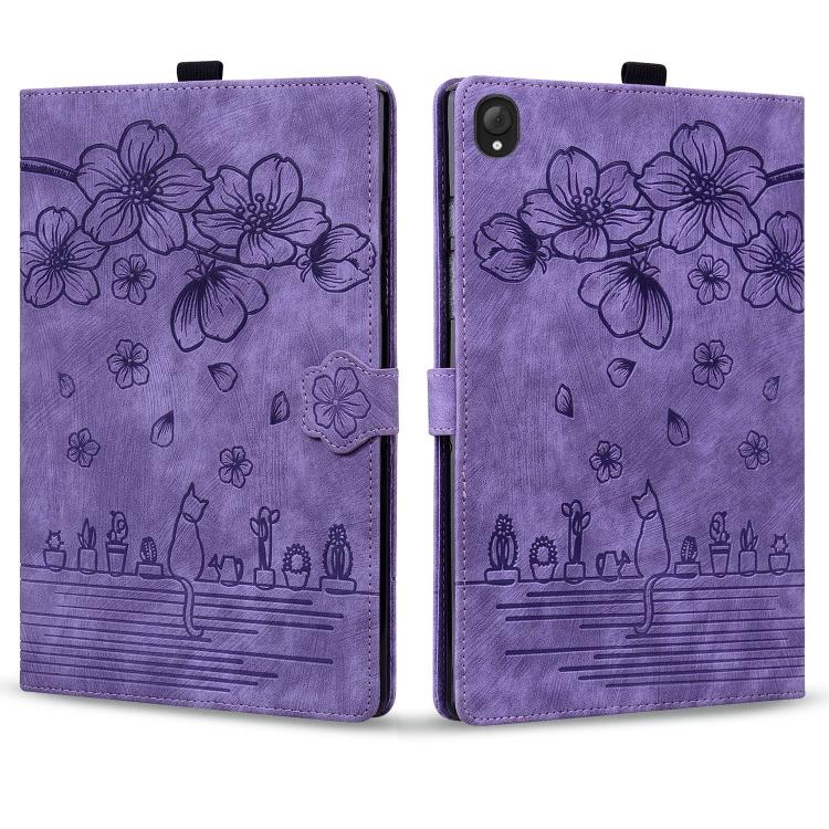 For Lenovo Tab K10C / E10C Cartoon Sakura Cat Embossed Leather Tablet Case