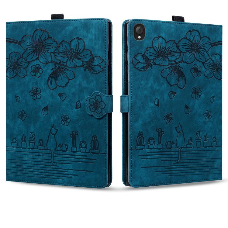 For Lenovo Tab K10C / E10C Cartoon Sakura Cat Embossed Leather Tablet Case