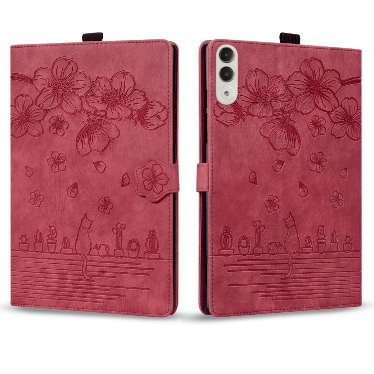 For Lenovo Idea Tab Pro Gen 2 13 Cartoon Sakura Cat Embossed Leather Tablet Case
