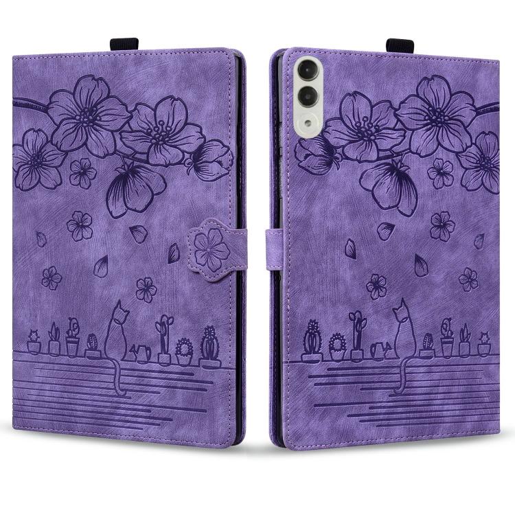 For Lenovo Idea Tab Pro Gen 2 13 Cartoon Sakura Cat Embossed Leather Tablet Case