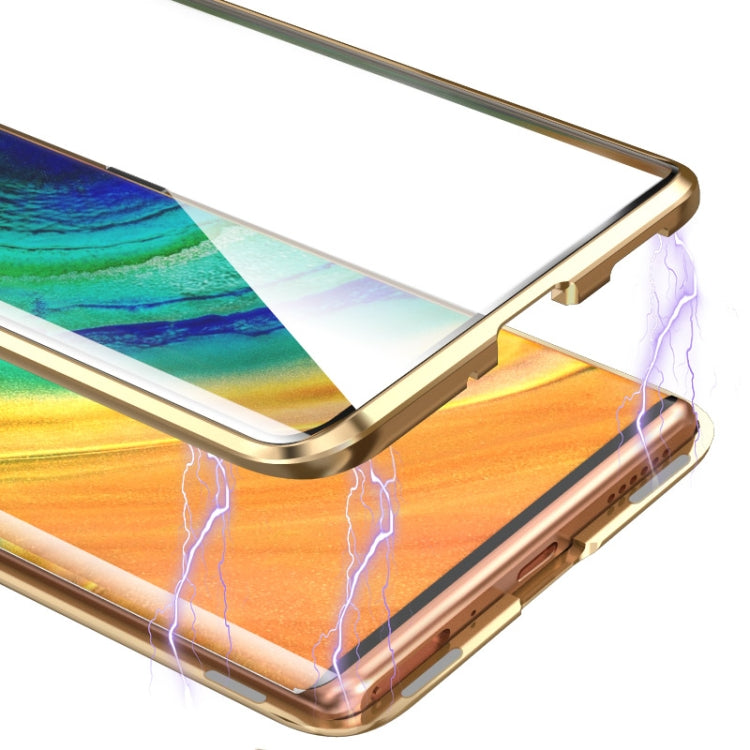 For Huawei Mate 30 Shockproof Magnetic Attraction Leather Backboard + Tempered Glass Protective Case with Camera Lens Protector Cover(Blue)