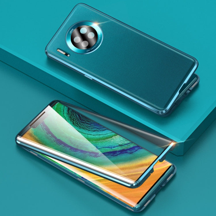 For Huawei Mate 30 Pro Shockproof Magnetic Attraction Leather Backboard + Tempered Glass Protective Case with Camera Lens Protector Cover(Blue)