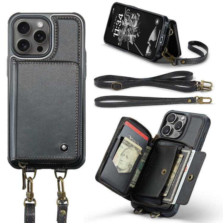 For iPhone 16 Pro Max JEEHOOD C22 Series Zipper Wallet Leather Phone Case with Dual Lanyard