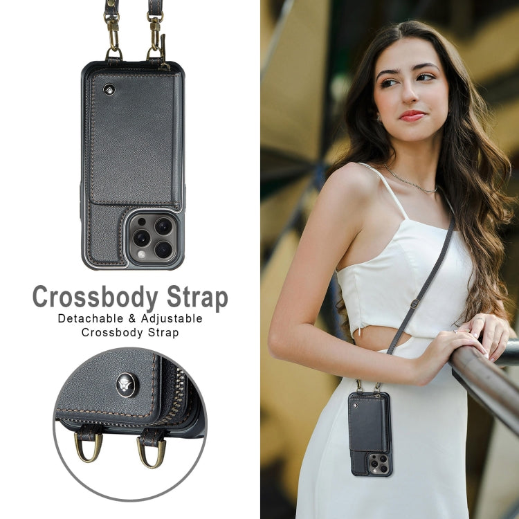 For iPhone 16 Pro Max JEEHOOD C22 Series Zipper Wallet Leather Phone Case with Dual Lanyard