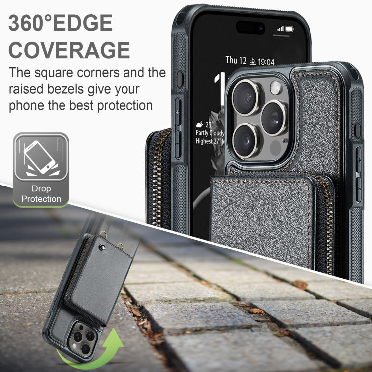 For iPhone 16 Pro Max JEEHOOD C22 Series Zipper Wallet Leather Phone Case with Dual Lanyard