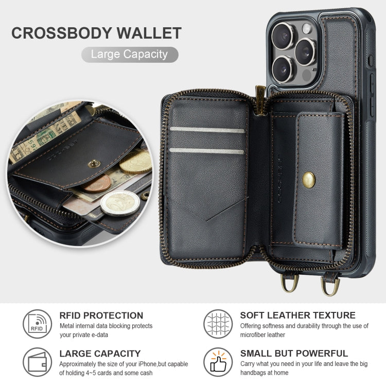 For iPhone 16 Pro Max JEEHOOD C22 Series Zipper Wallet Leather Phone Case with Dual Lanyard