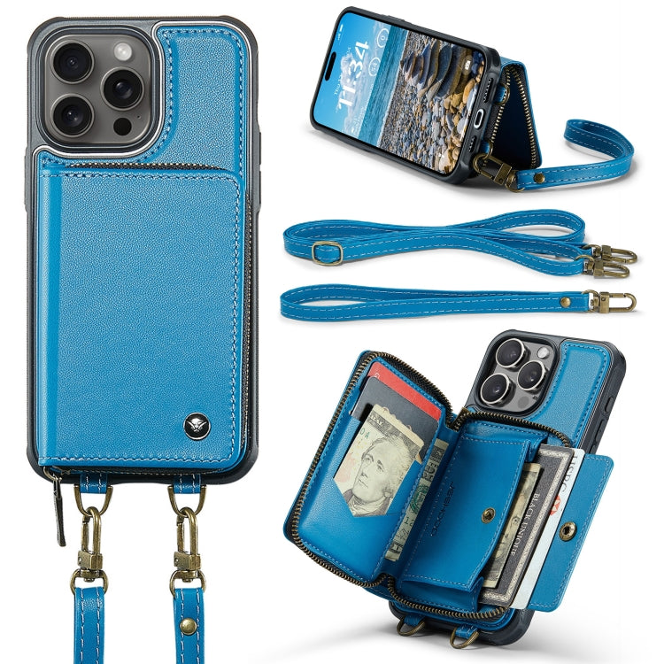 For iPhone 16 Pro Max JEEHOOD C22 Series Zipper Wallet Leather Phone Case with Dual Lanyard