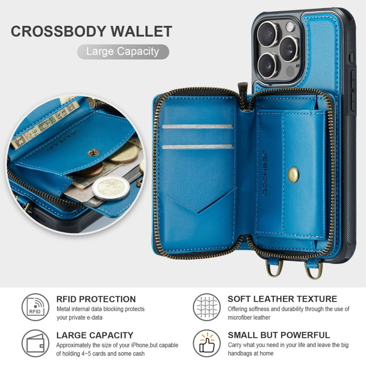 For iPhone 16 Pro Max JEEHOOD C22 Series Zipper Wallet Leather Phone Case with Dual Lanyard