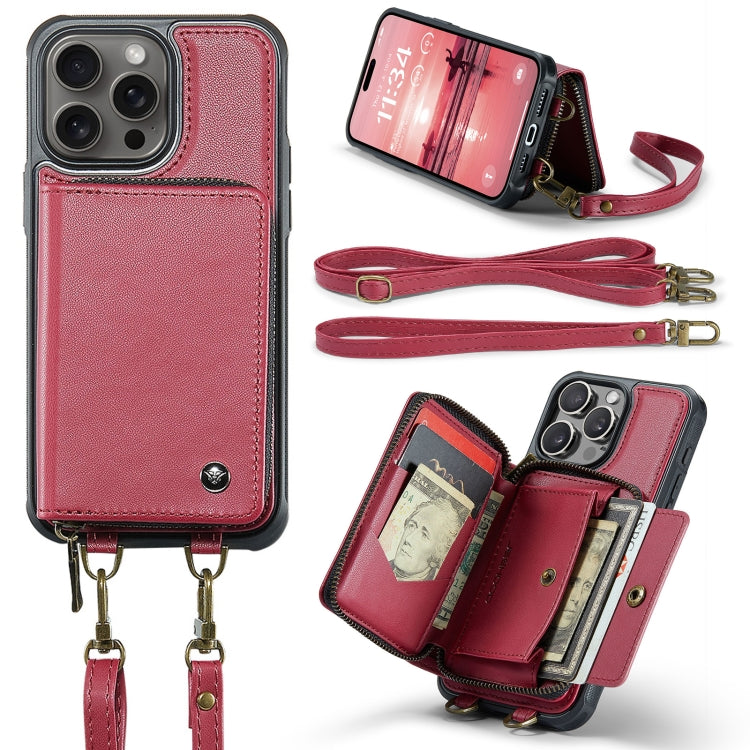 For iPhone 16 Pro Max JEEHOOD C22 Series Zipper Wallet Leather Phone Case with Dual Lanyard