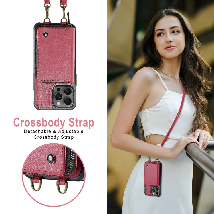 For iPhone 16 Pro Max JEEHOOD C22 Series Zipper Wallet Leather Phone Case with Dual Lanyard