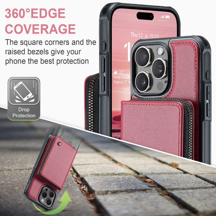For iPhone 16 Pro Max JEEHOOD C22 Series Zipper Wallet Leather Phone Case with Dual Lanyard