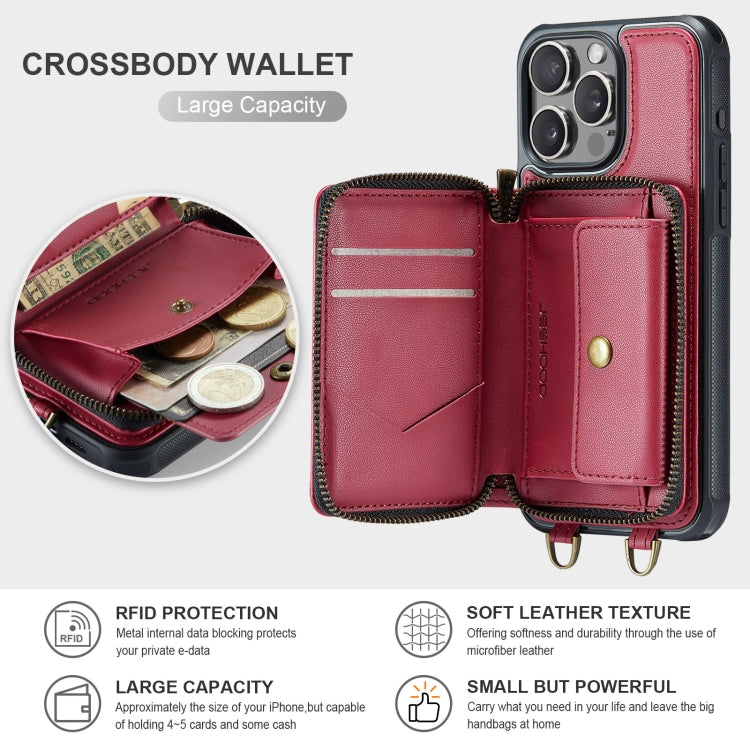 For iPhone 16 Pro Max JEEHOOD C22 Series Zipper Wallet Leather Phone Case with Dual Lanyard