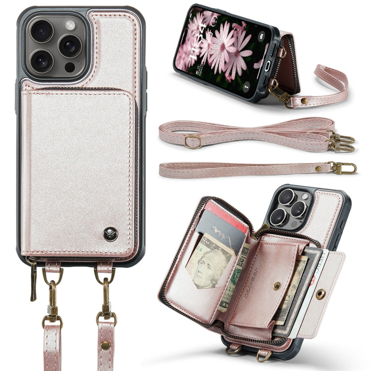 For iPhone 16 Pro Max JEEHOOD C22 Series Zipper Wallet Leather Phone Case with Dual Lanyard