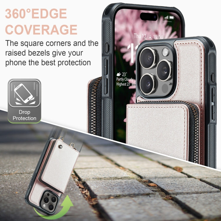 For iPhone 16 Pro Max JEEHOOD C22 Series Zipper Wallet Leather Phone Case with Dual Lanyard