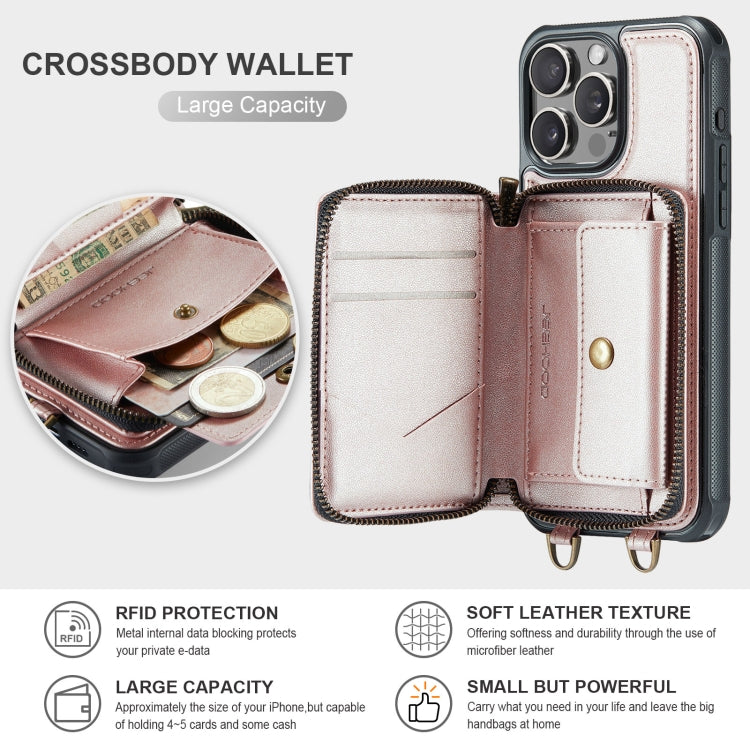 For iPhone 16 Pro Max JEEHOOD C22 Series Zipper Wallet Leather Phone Case with Dual Lanyard