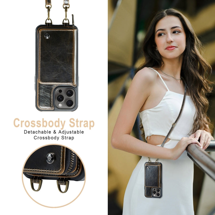 For iPhone 16 Pro Max JEEHOOD C22 Series Zipper Wallet Leather Phone Case with Dual Lanyard