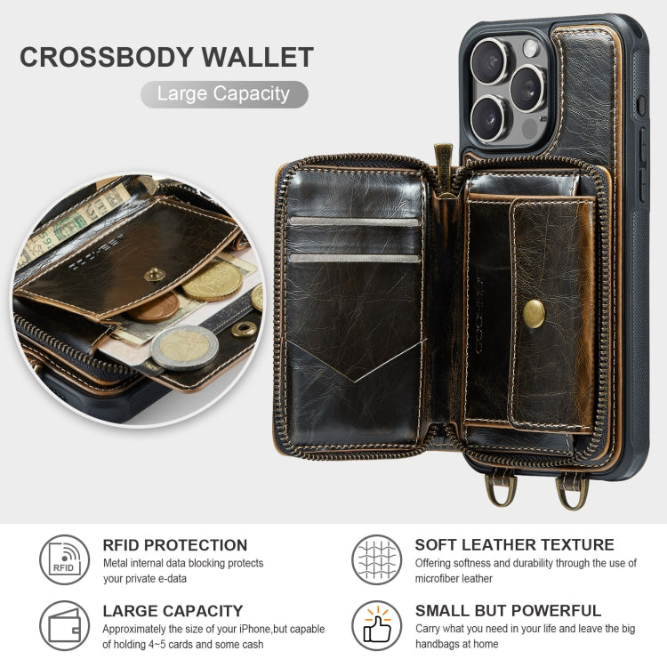 For iPhone 16 Pro Max JEEHOOD C22 Series Zipper Wallet Leather Phone Case with Dual Lanyard