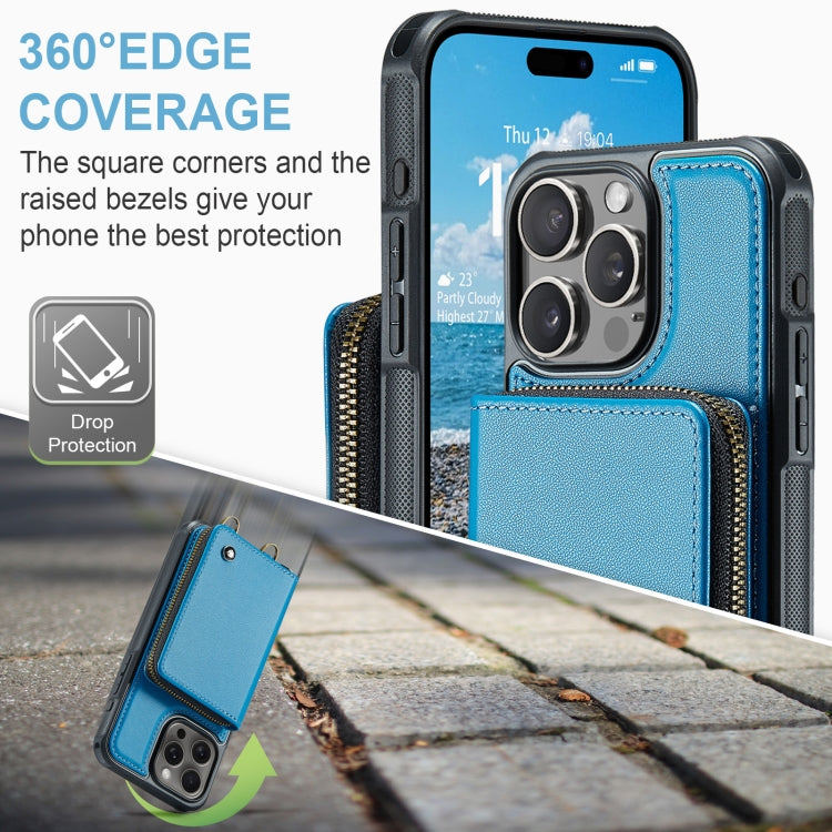 For iPhone 16 Pro JEEHOOD C22 Series Zipper Wallet Leather Phone Case with Dual Lanyard