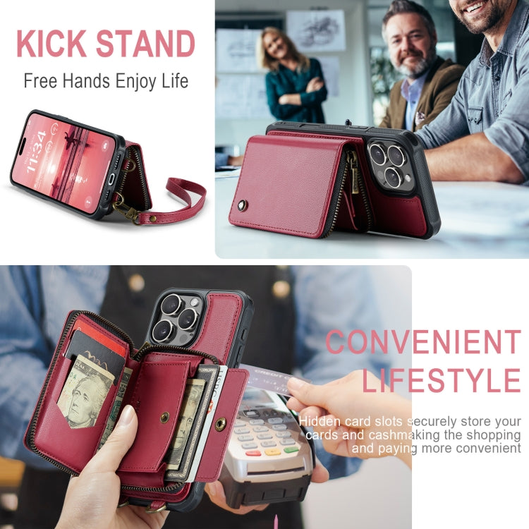 For iPhone 16 Pro JEEHOOD C22 Series Zipper Wallet Leather Phone Case with Dual Lanyard