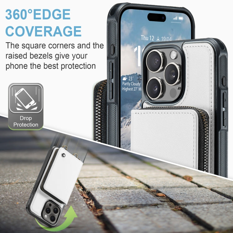 For iPhone 16 Pro JEEHOOD C22 Series Zipper Wallet Leather Phone Case with Dual Lanyard