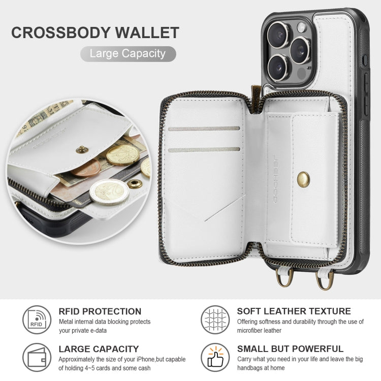 For iPhone 16 Pro JEEHOOD C22 Series Zipper Wallet Leather Phone Case with Dual Lanyard
