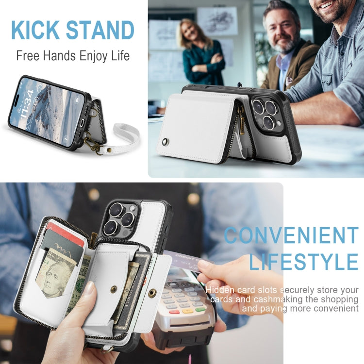 For iPhone 16 Pro JEEHOOD C22 Series Zipper Wallet Leather Phone Case with Dual Lanyard